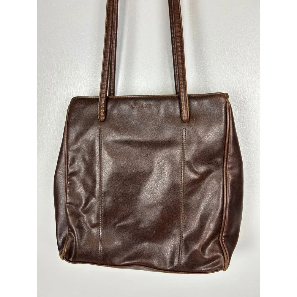 Nine West Brown Faux Leather Shoulder Bag Tote Purse 90s Y2K Neutral Fall Earthy